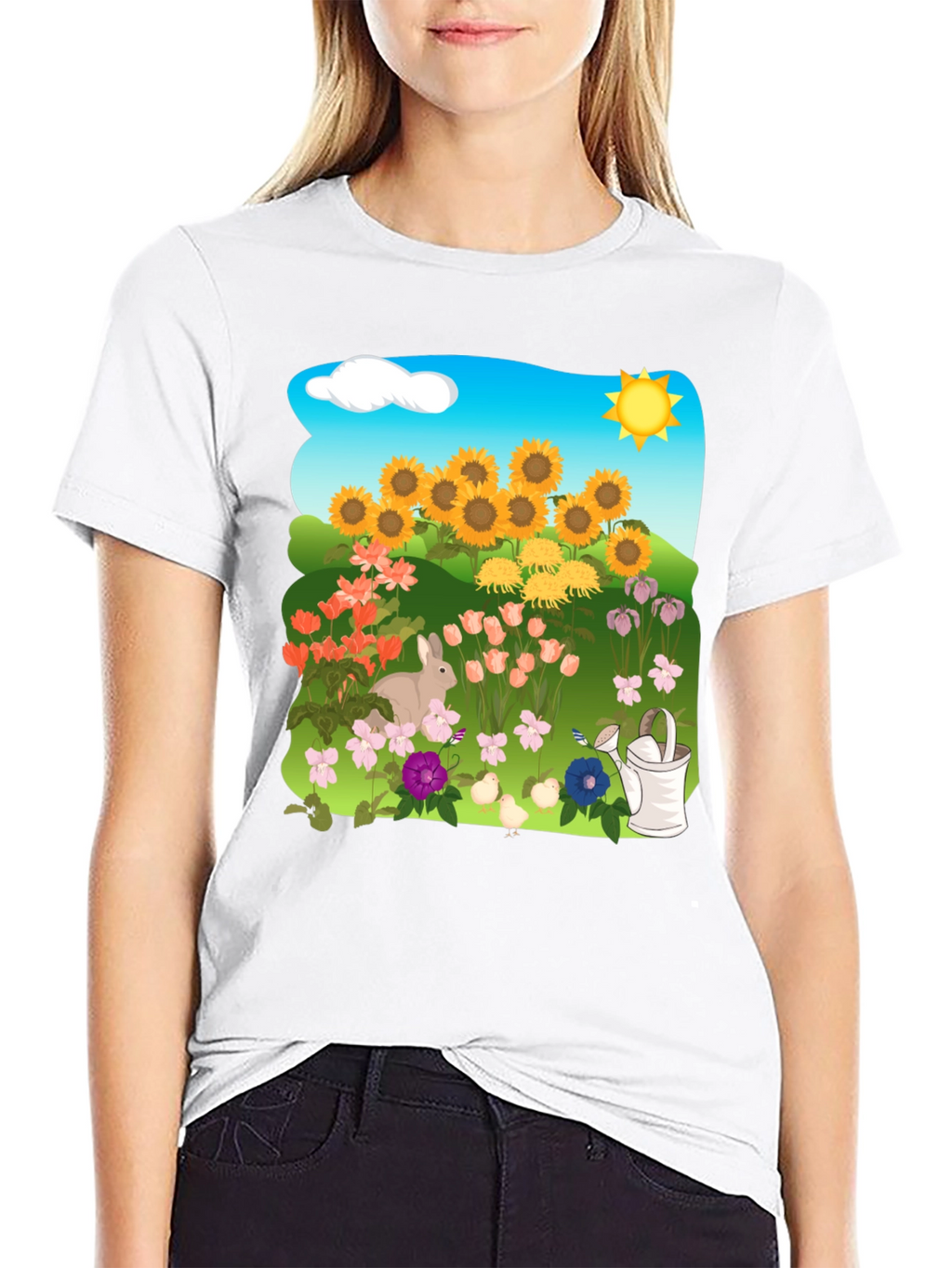 Floral Garden T-Shirt with Sunflowers & Bunny