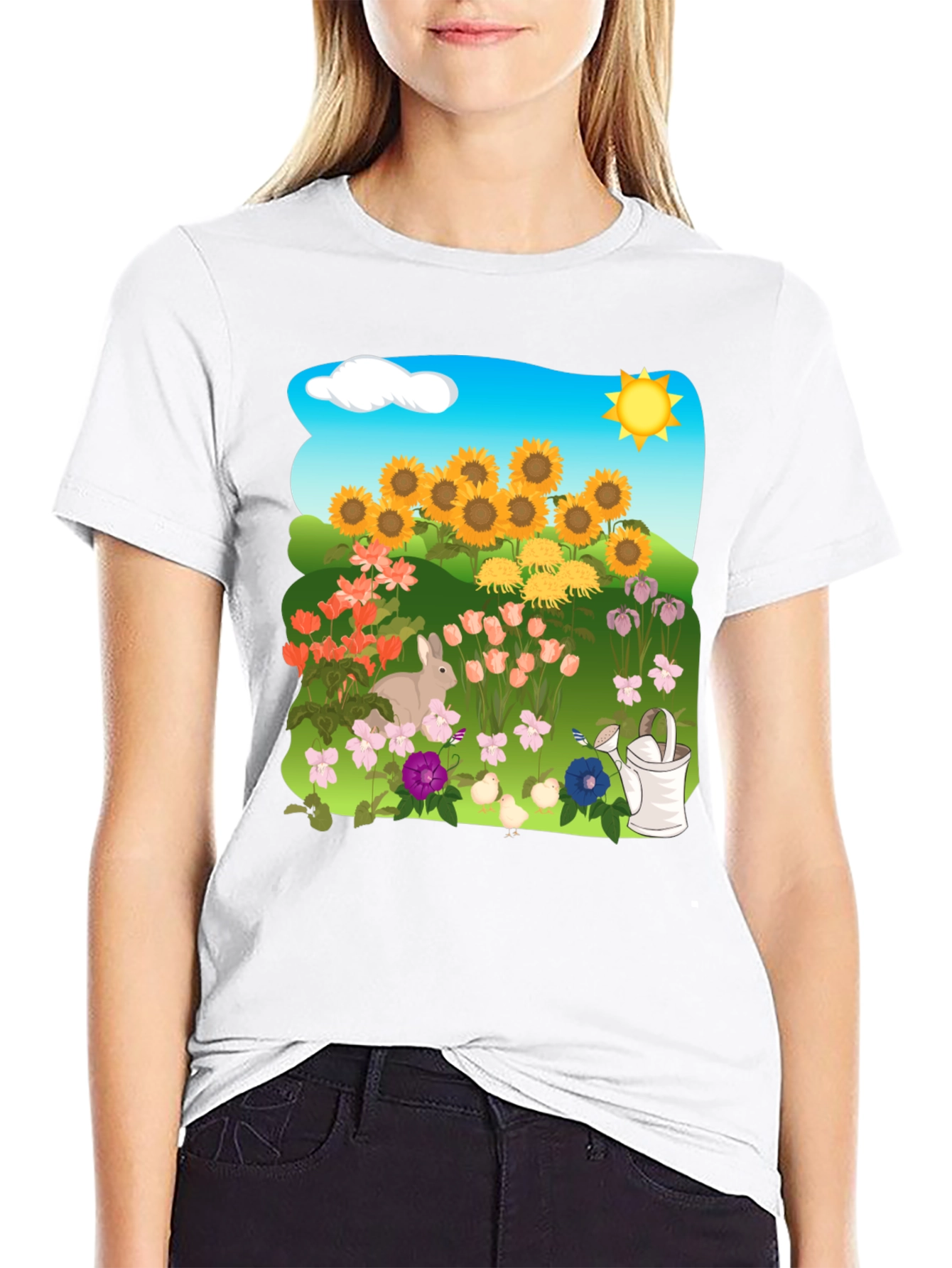 Floral Garden T-Shirt with Sunflowers & Bunny