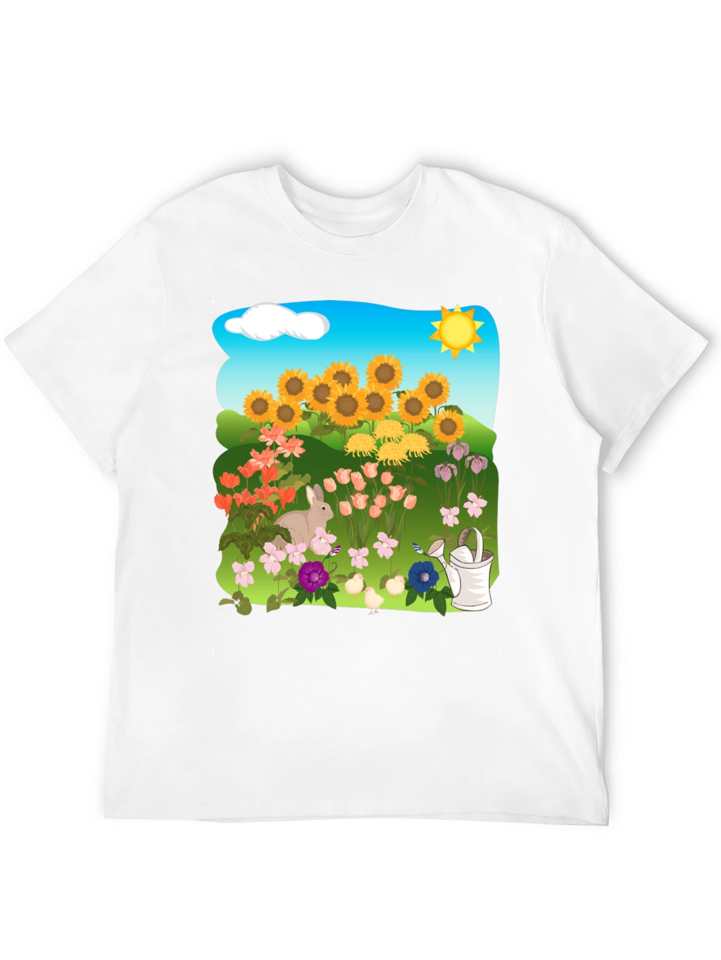 Floral Garden T-Shirt with Sunflowers & Bunny