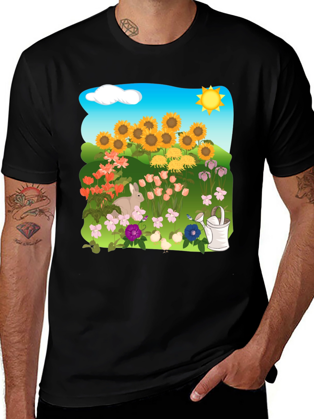 Floral Garden T-Shirt with Sunflowers & Bunny