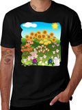 Floral Garden T-Shirt with Sunflowers & Bunny