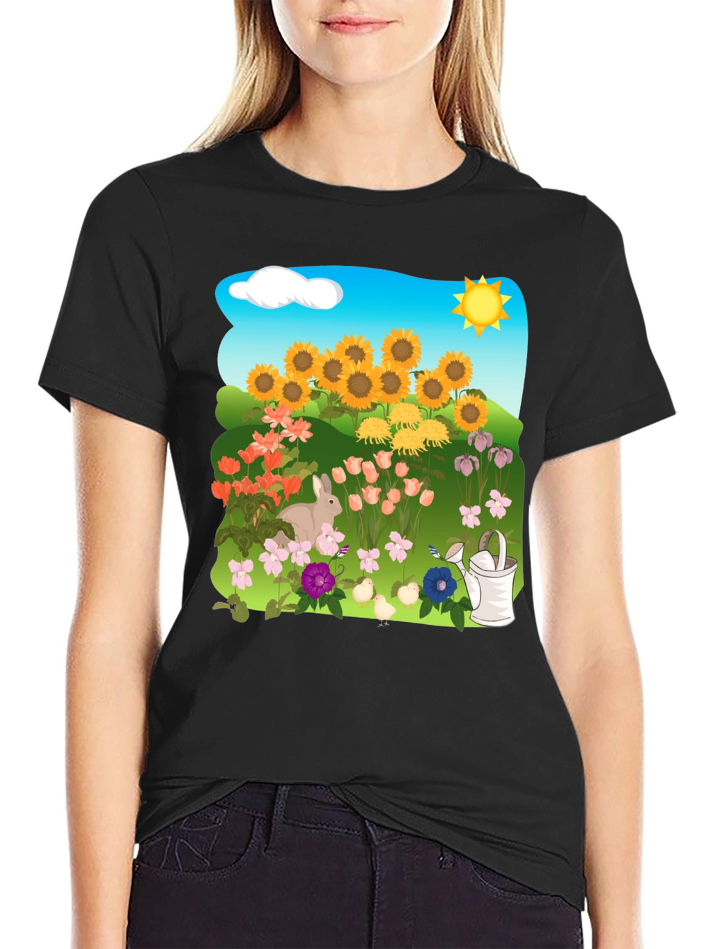 Floral Garden T-Shirt with Sunflowers & Bunny