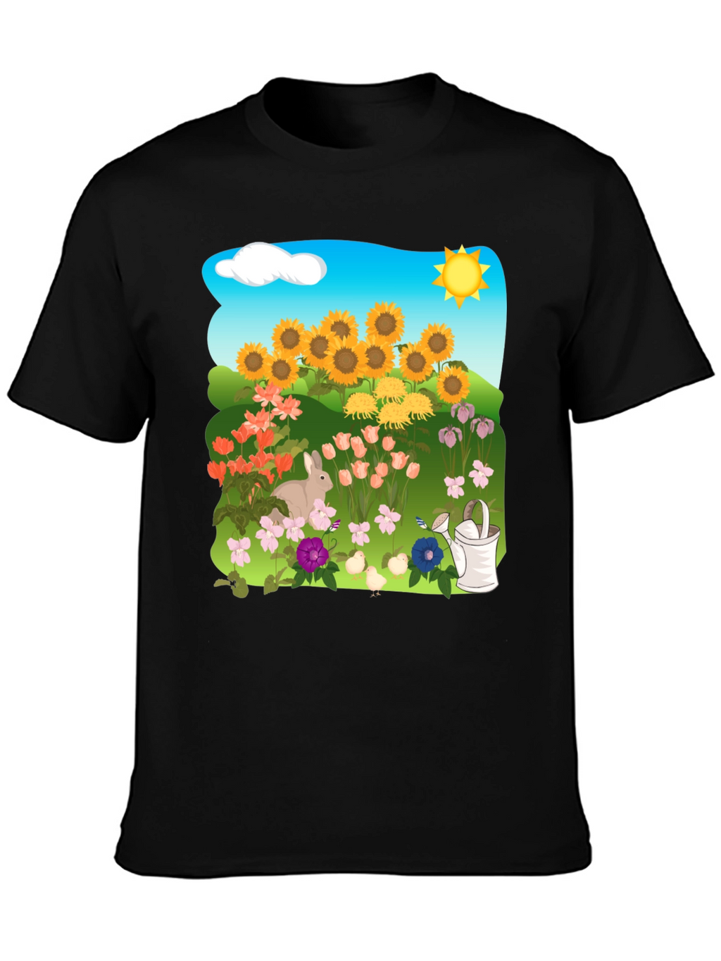 Floral Garden T-Shirt with Sunflowers & Bunny