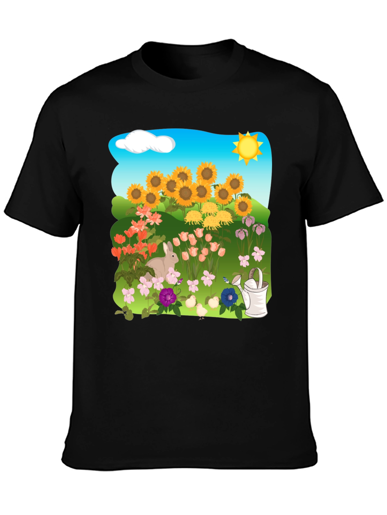 Floral Garden T-Shirt with Sunflowers & Bunny