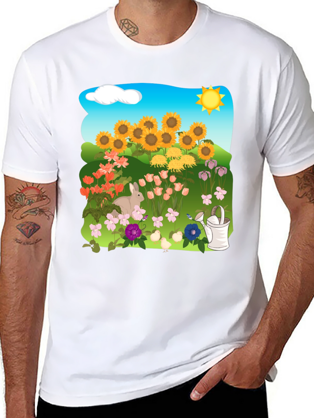 Floral Garden T-Shirt with Sunflowers & Bunny