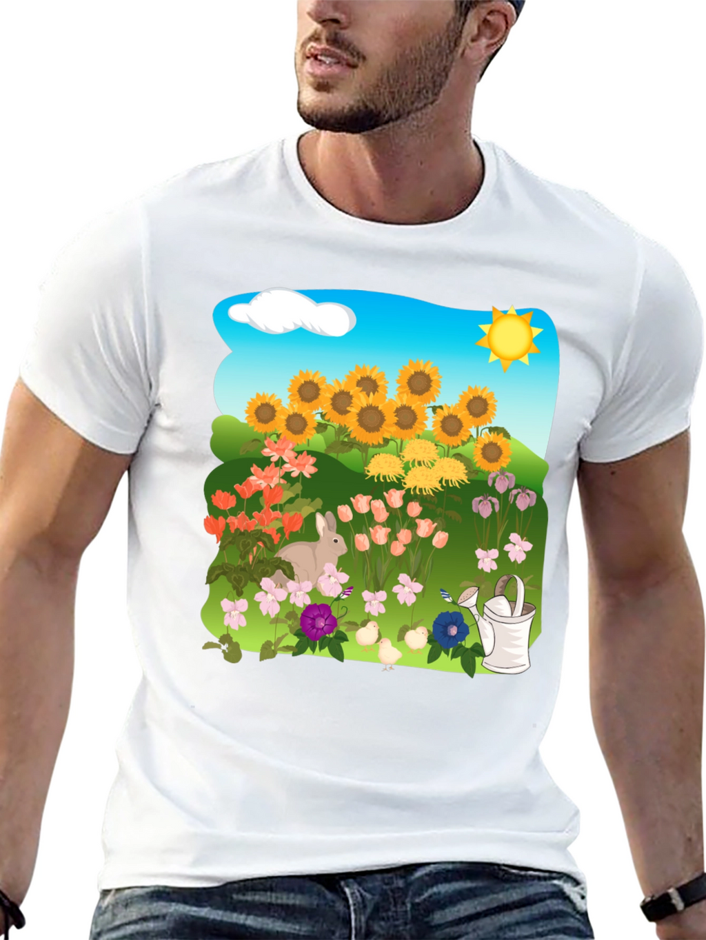 Floral Garden T-Shirt with Sunflowers & Bunny