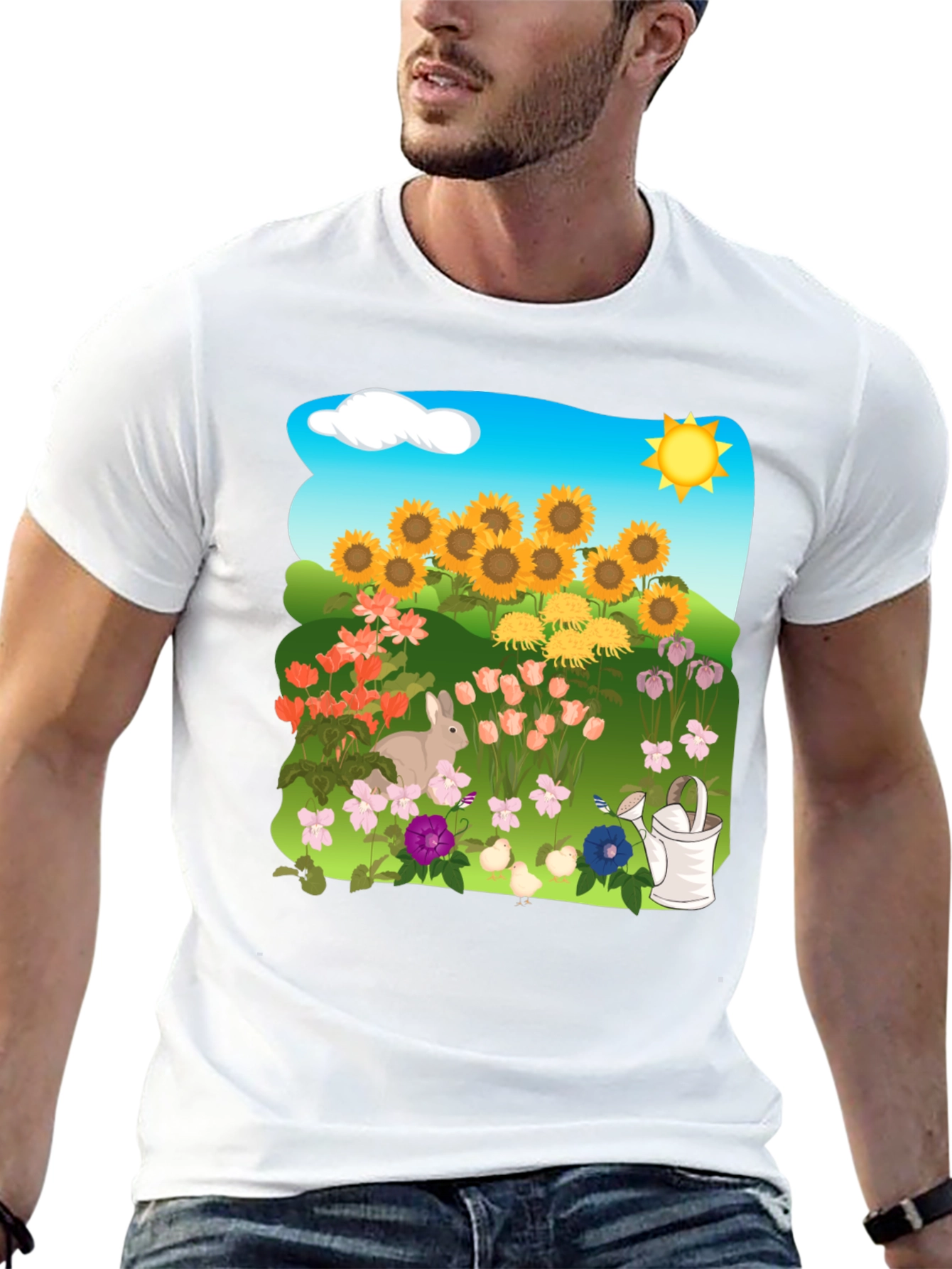 Floral Garden T-Shirt with Sunflowers & Bunny