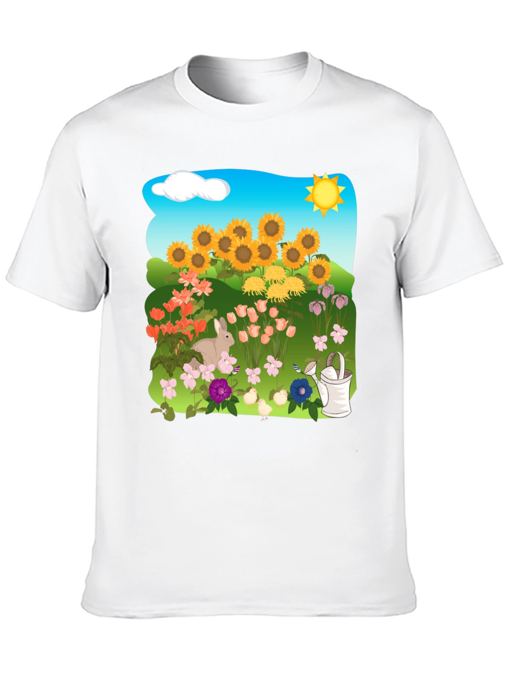 Floral Garden T-Shirt with Sunflowers & Bunny