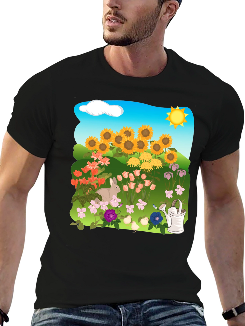Floral Garden T-Shirt with Sunflowers & Bunny