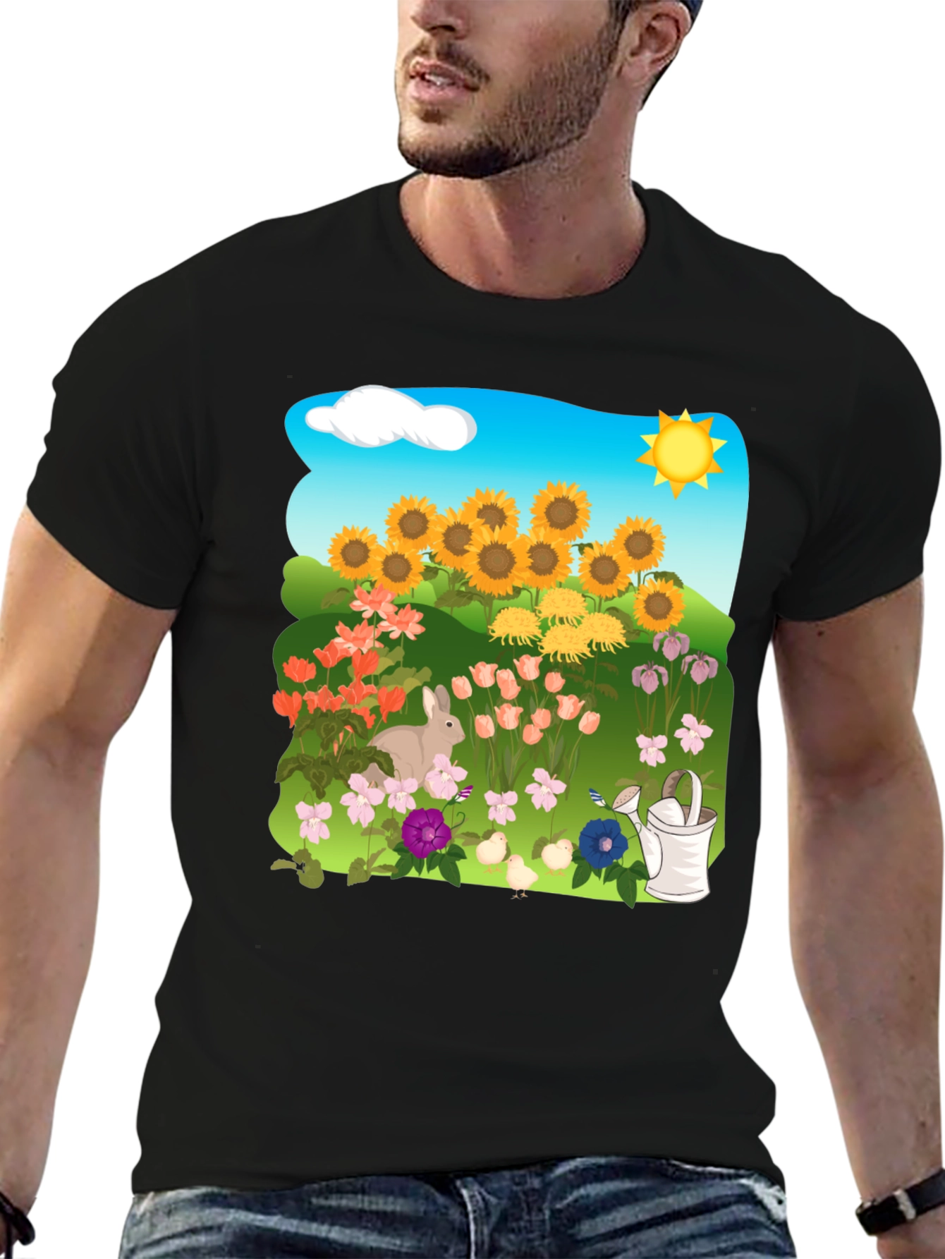 Floral Garden T-Shirt with Sunflowers & Bunny