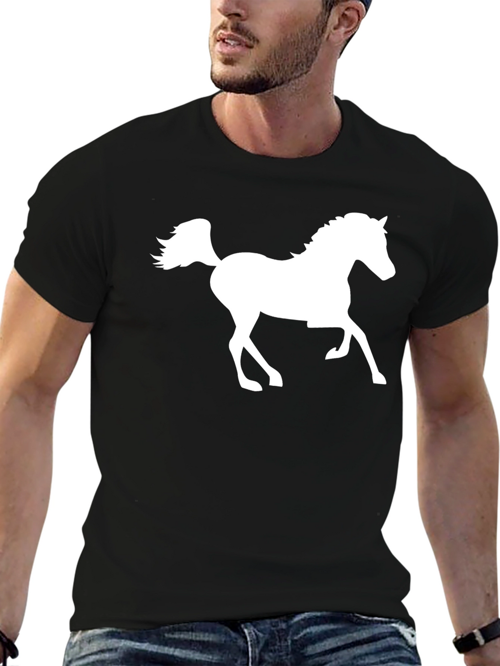 Black T-Shirt with White Horse Graphic