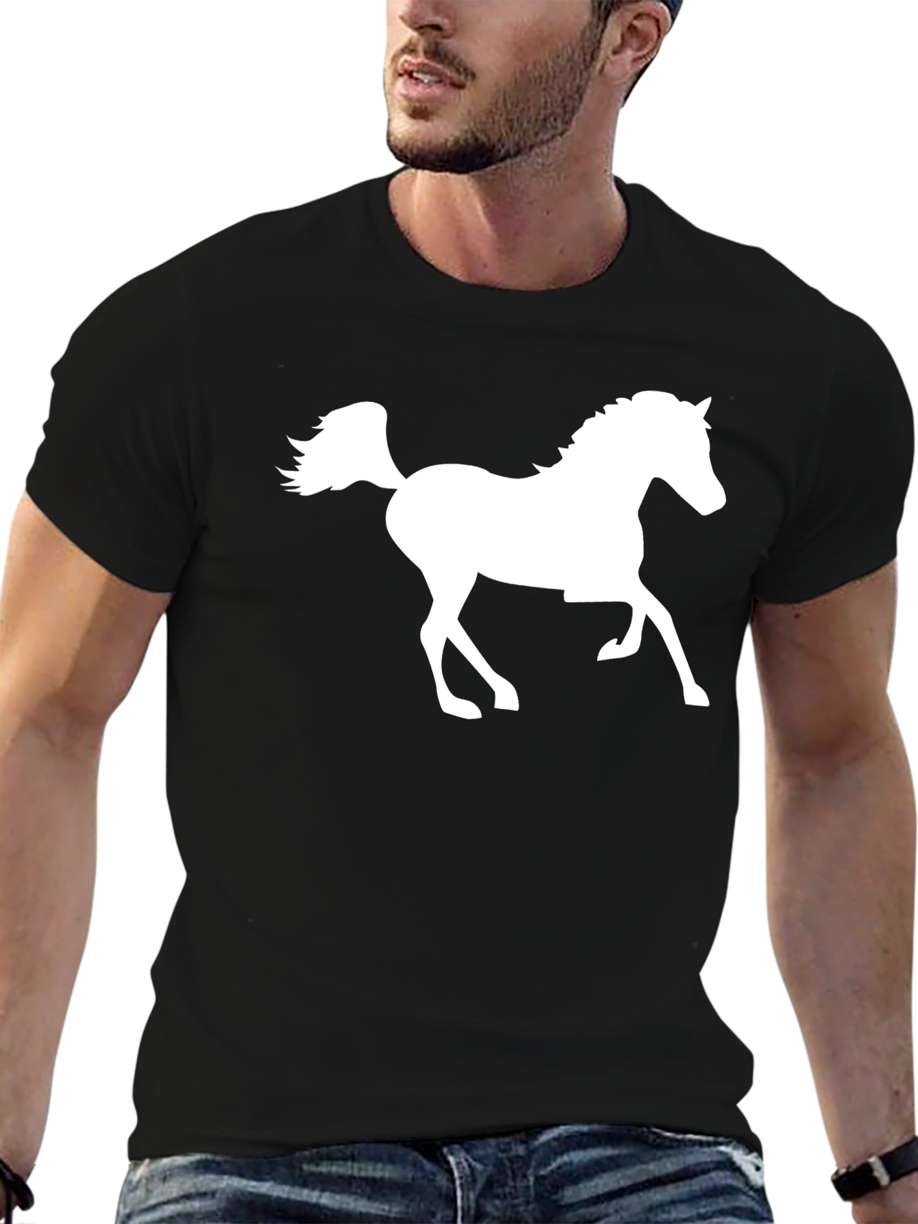 Black T-Shirt with White Horse Graphic