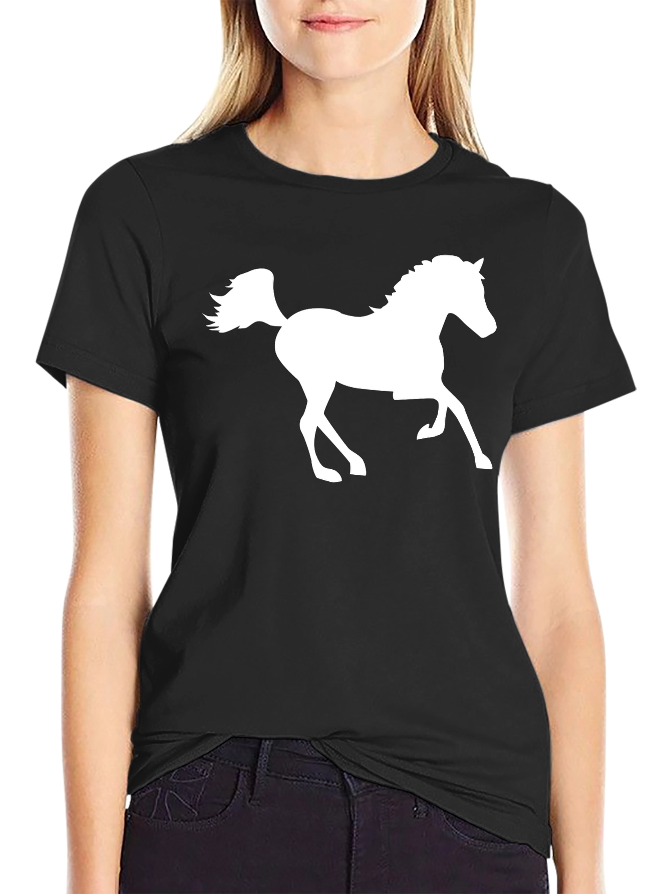Black T-Shirt with White Horse Graphic
