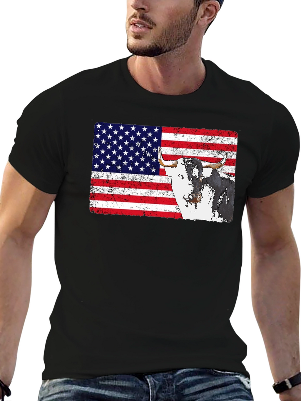 USA Flag Bull Graphic Print Mens Black T-Shirt