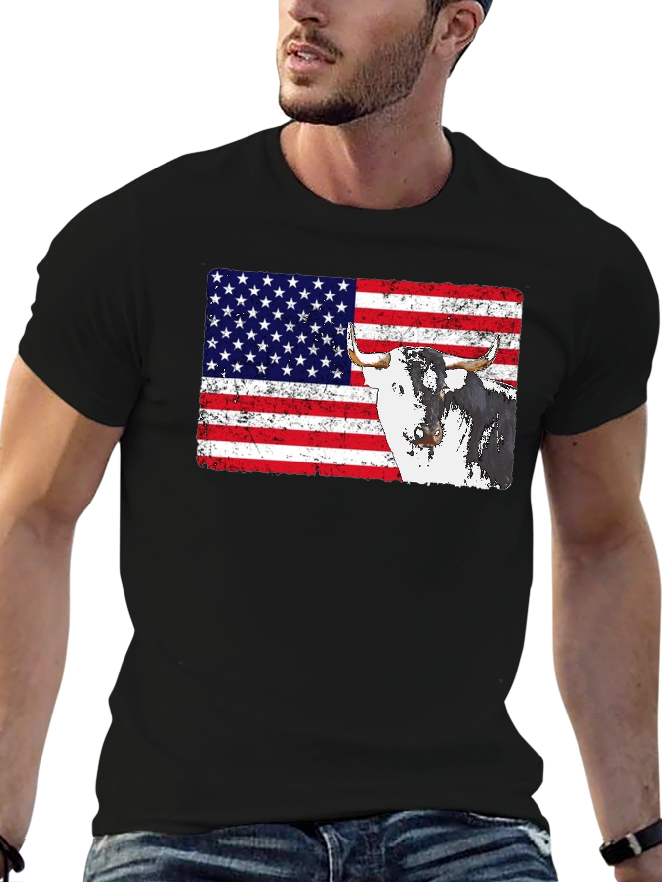 USA Flag Bull Graphic Print Mens Black T-Shirt