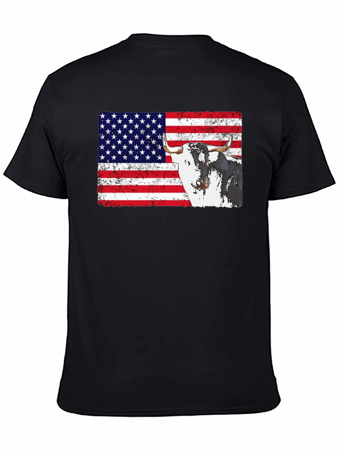 USA Flag Bull Graphic Print Mens Black T-Shirt