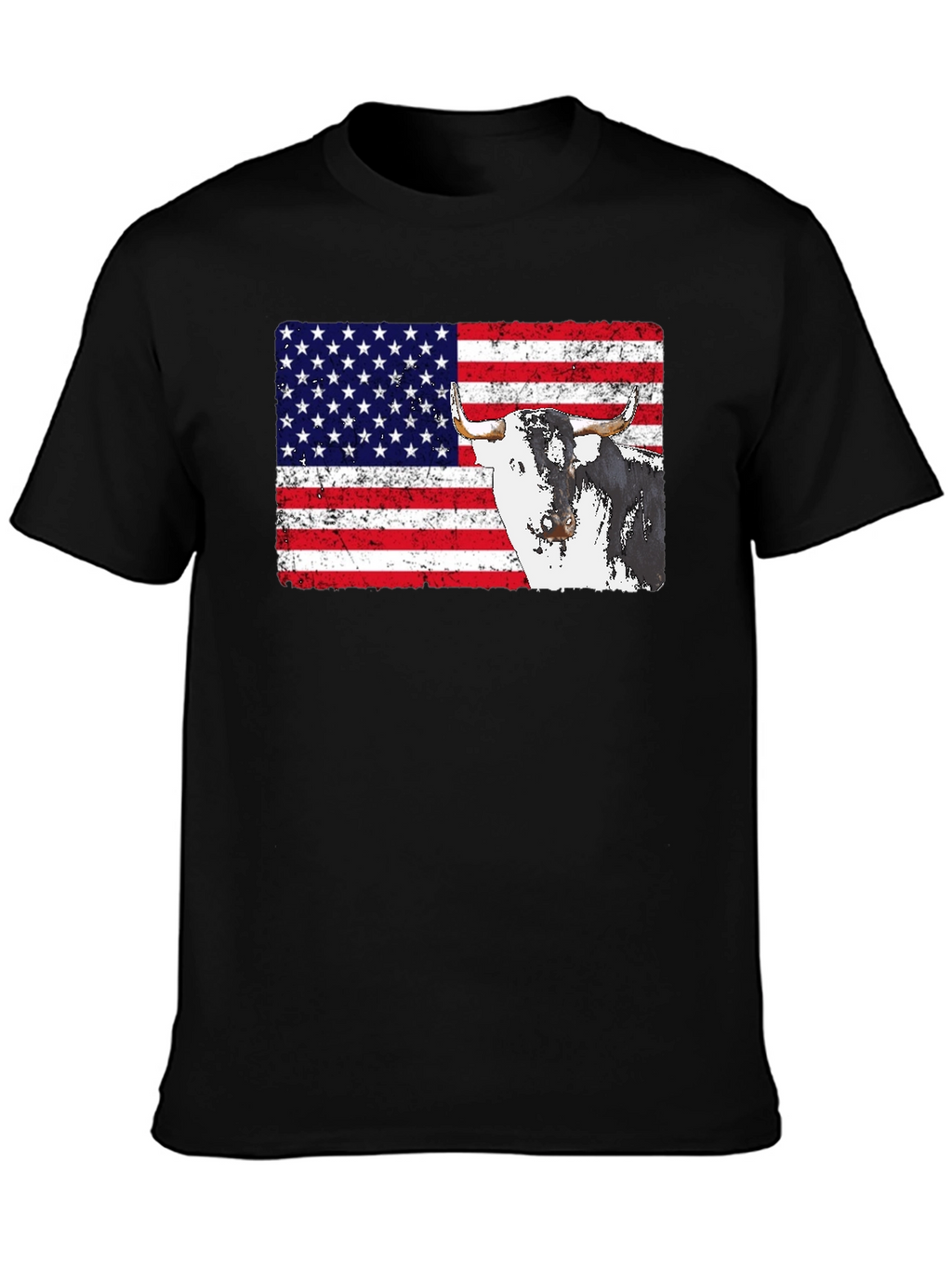 USA Flag Bull Graphic Print Mens Black T-Shirt