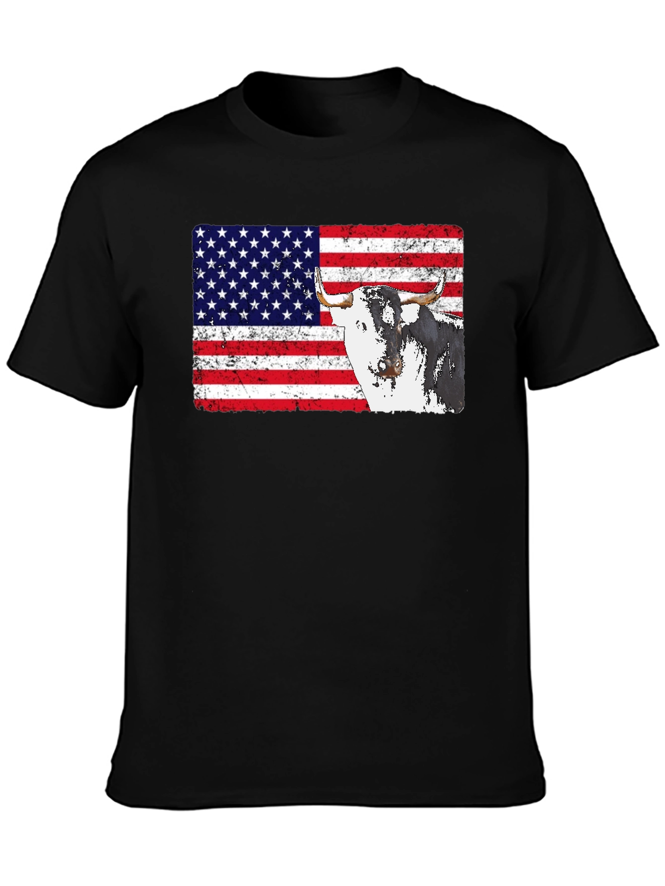USA Flag Bull Graphic Print Mens Black T-Shirt