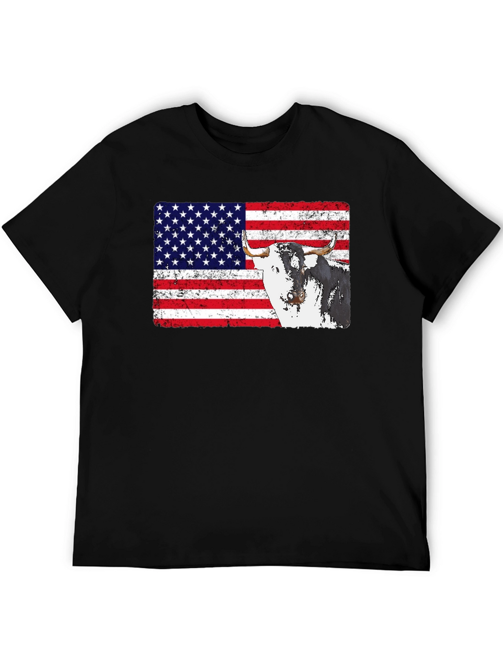 USA Flag Bull Graphic Print Mens Black T-Shirt