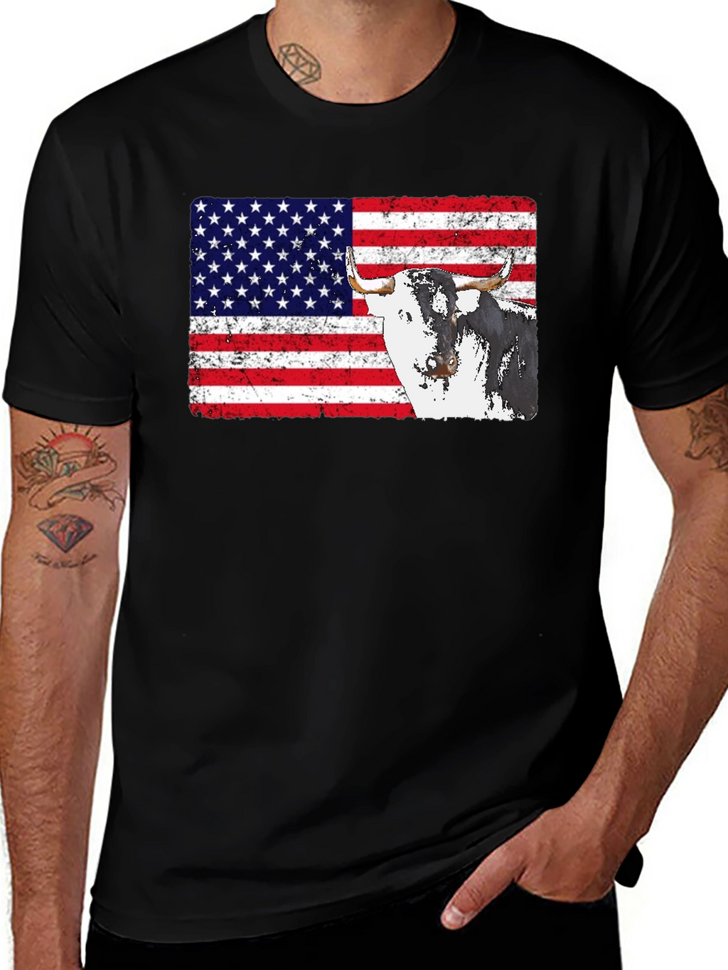 USA Flag Bull Graphic Print Mens Black T-Shirt