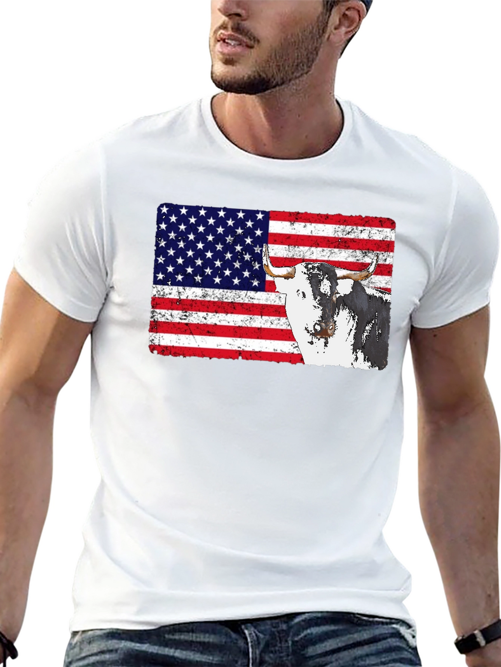 USA Flag Bull Graphic Print Mens Black T-Shirt
