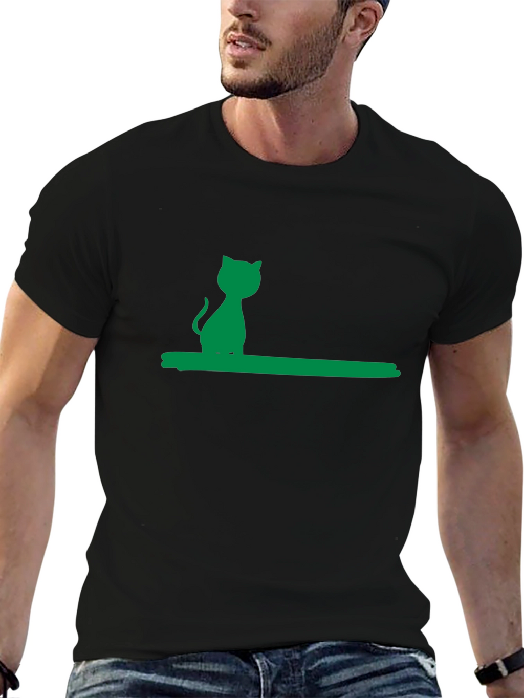 Green Cat Silhouette Black Cotton Tee