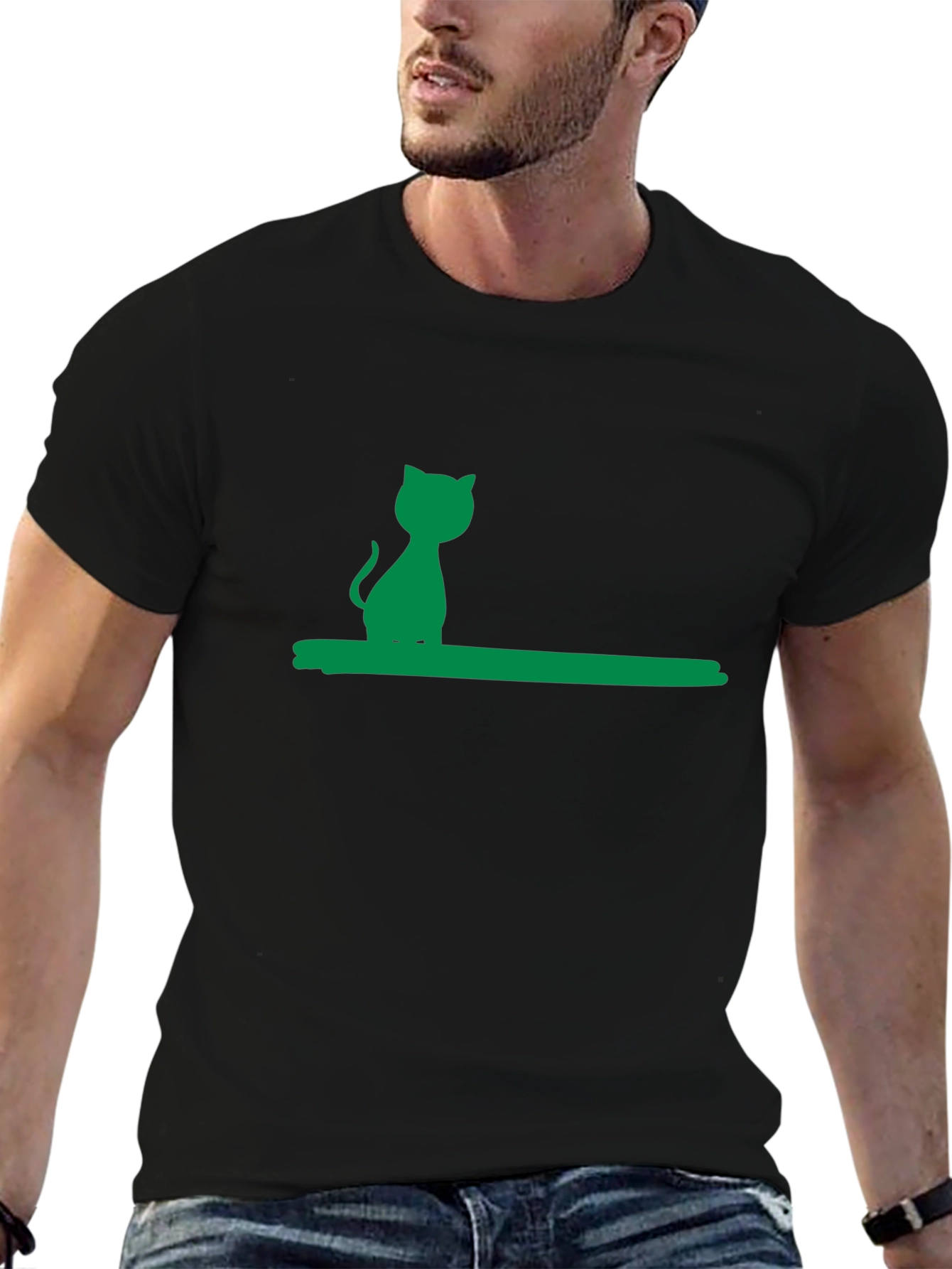 Green Cat Silhouette Black Cotton Tee