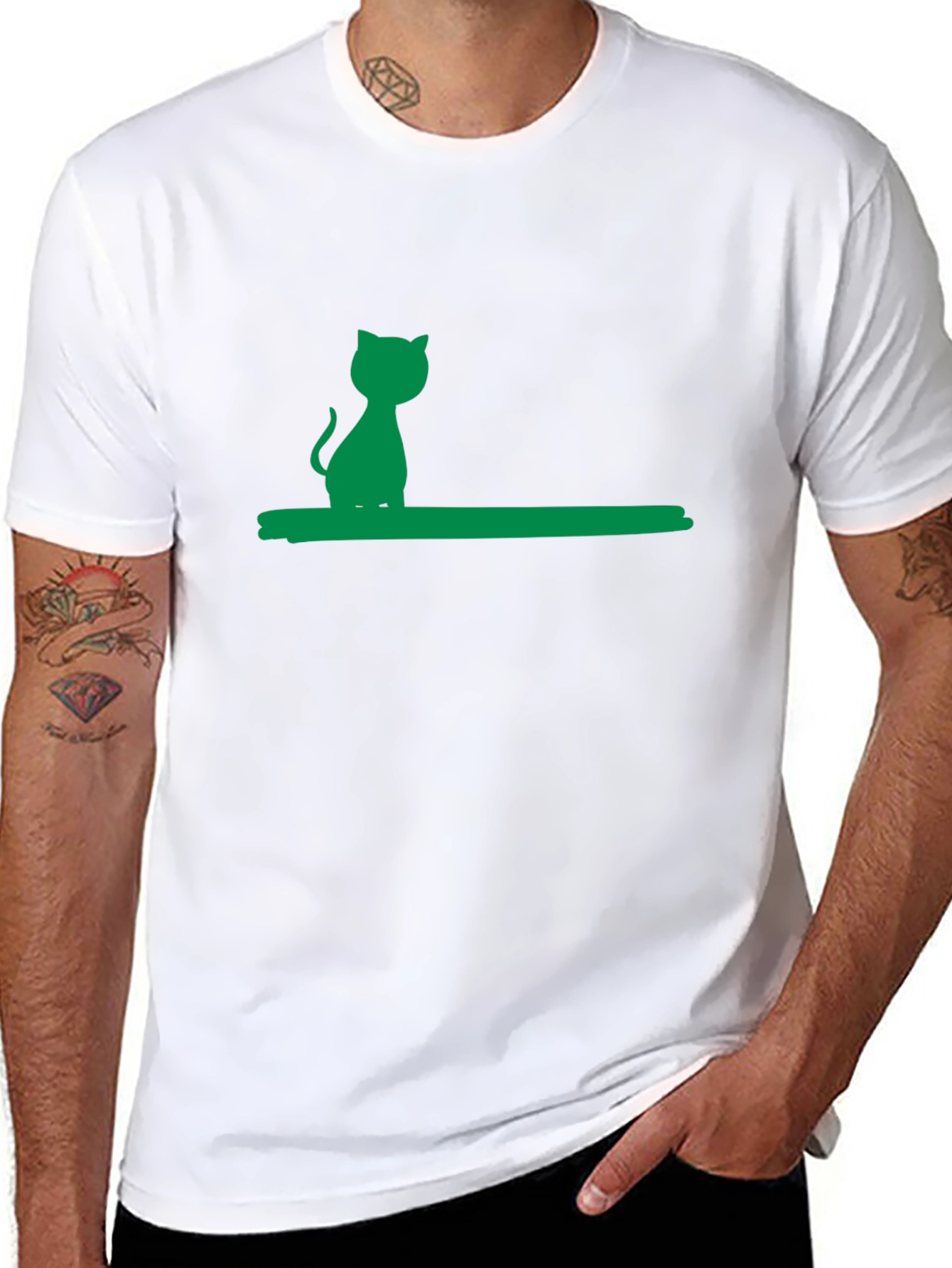 Green Cat Silhouette Black Cotton Tee