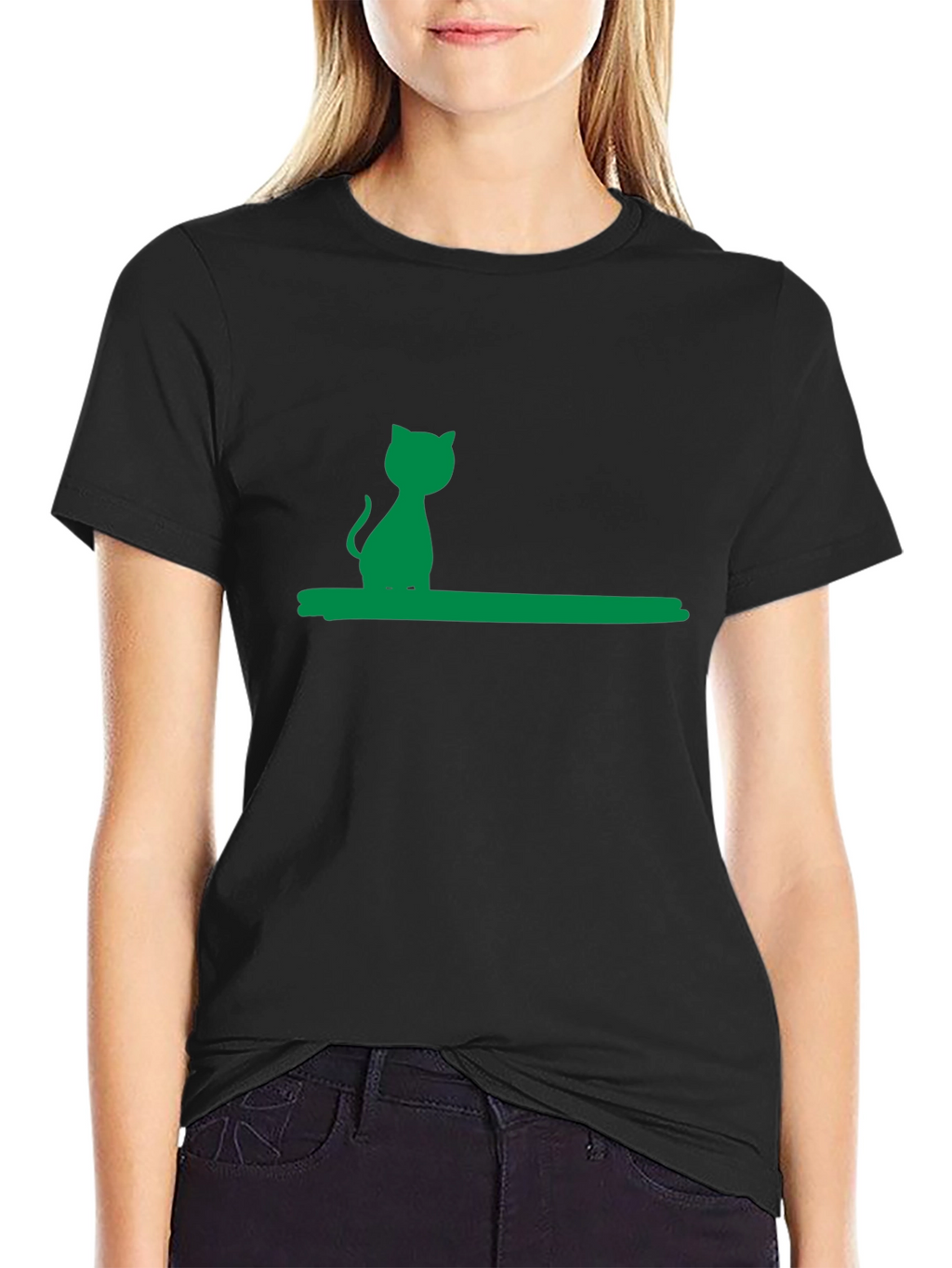 Green Cat Silhouette Black Cotton Tee