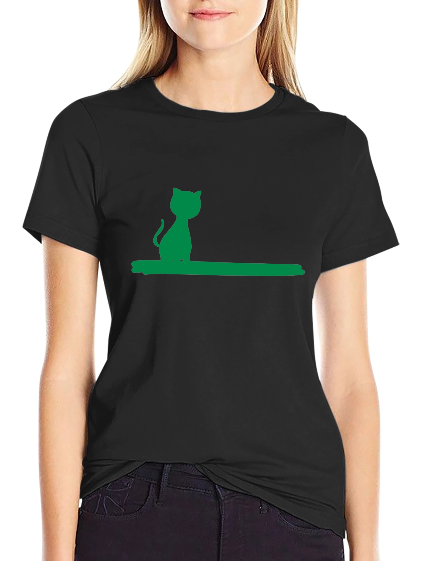 Green Cat Silhouette Black Cotton Tee