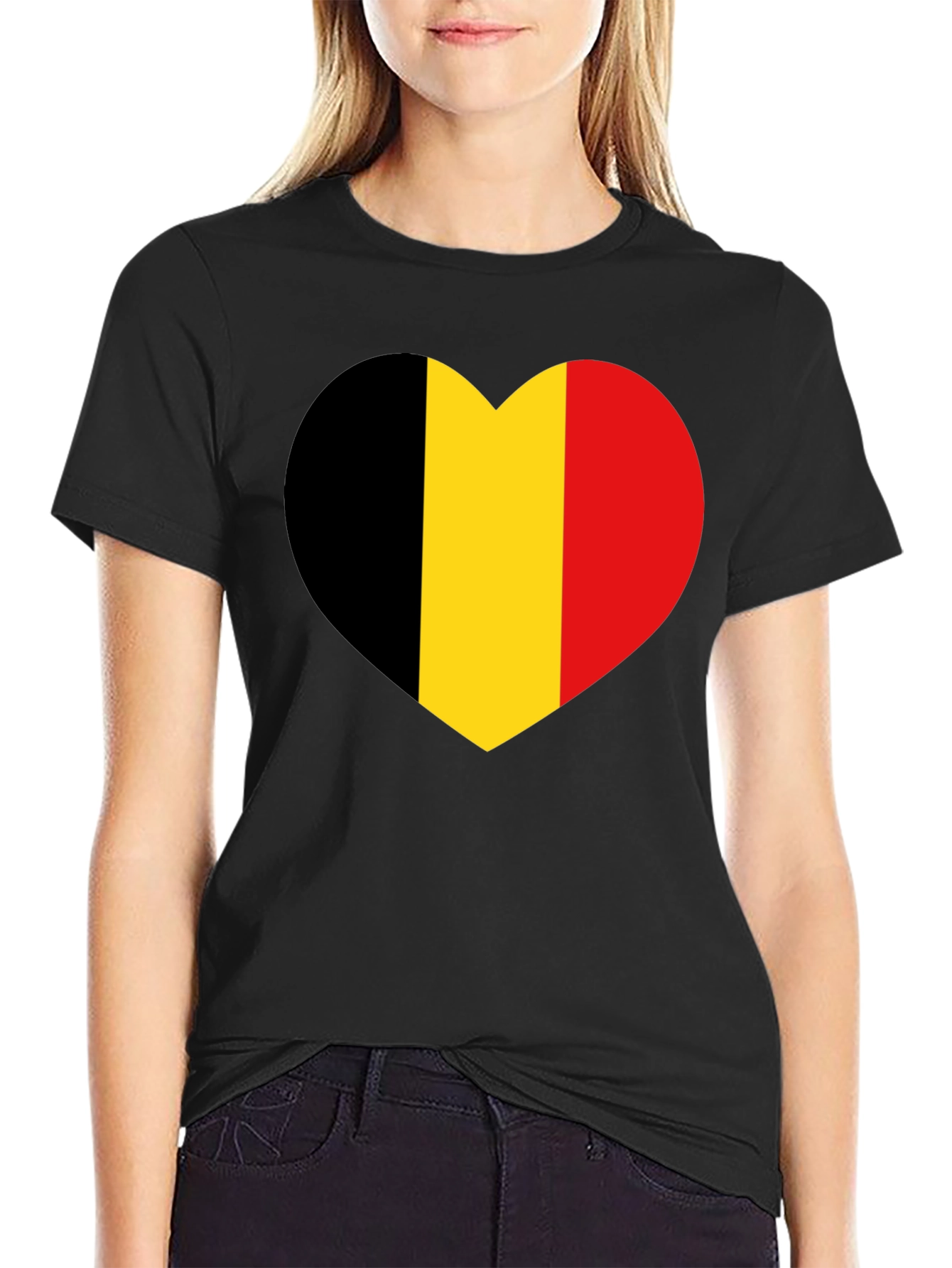 Belgium Flag Heart Graphic Tee - Black Cotton Shirt