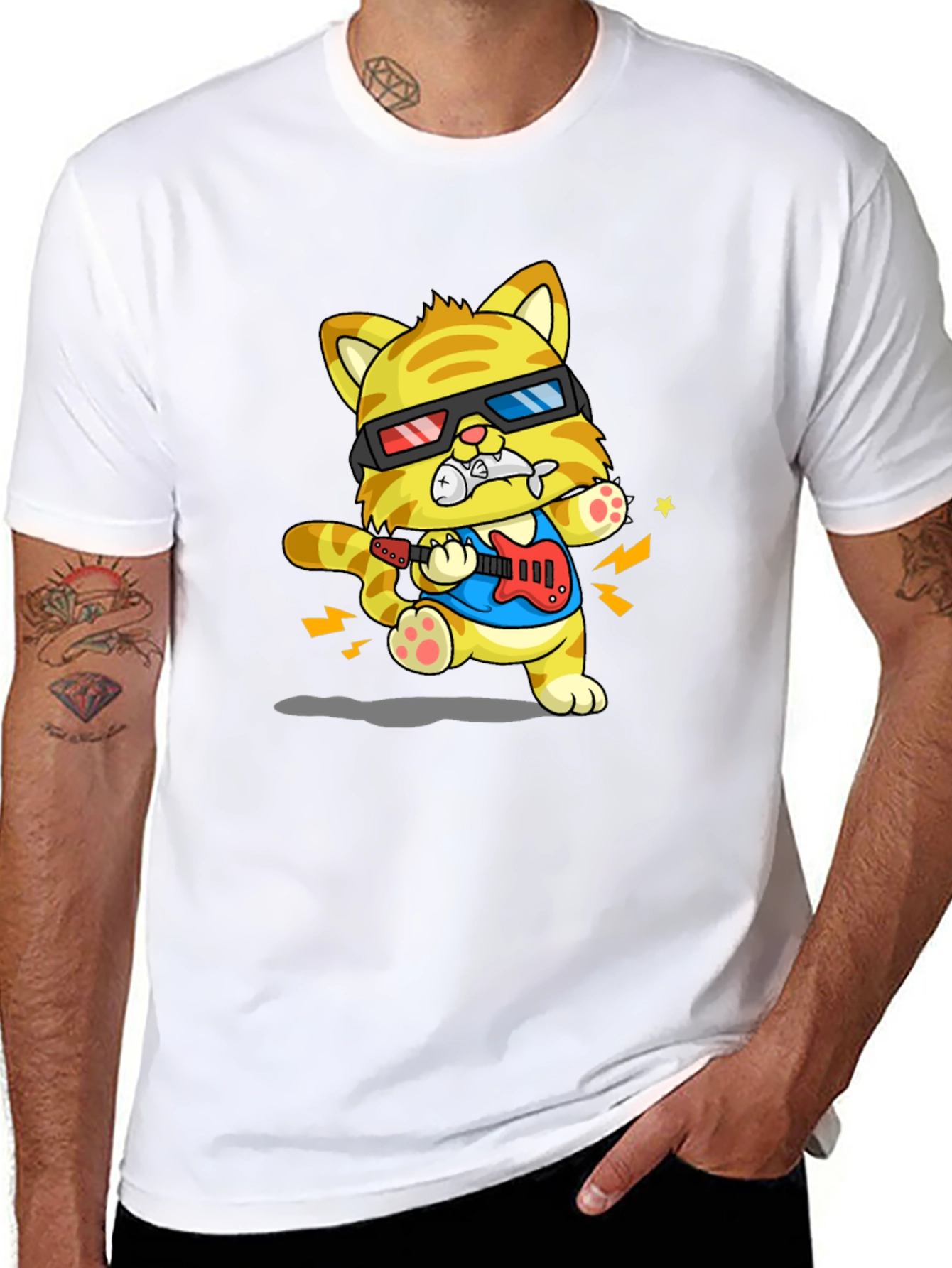 Cool Cat Guitarist Graphic T-Shirt