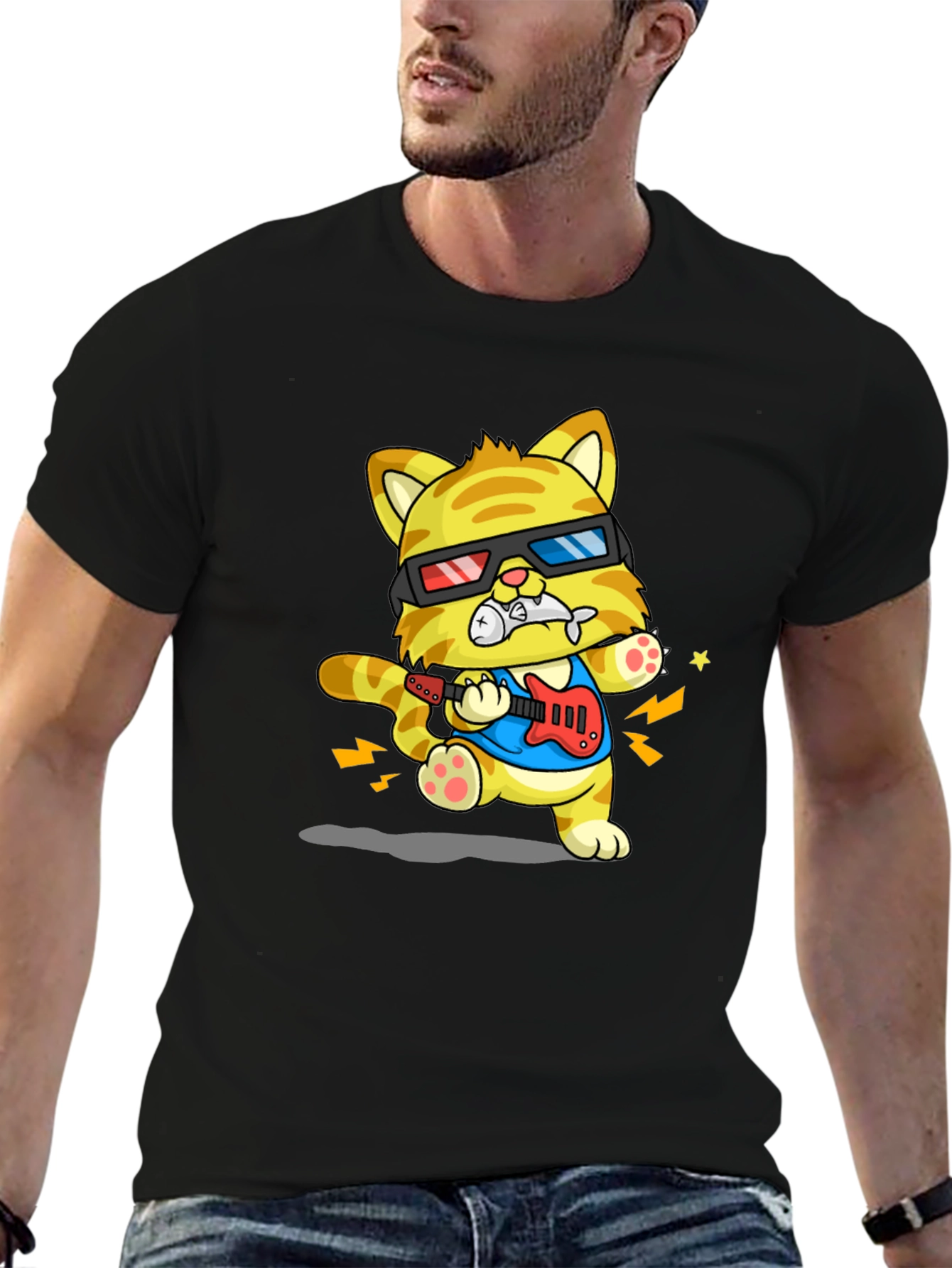 Cool Cat Guitarist Graphic T-Shirt