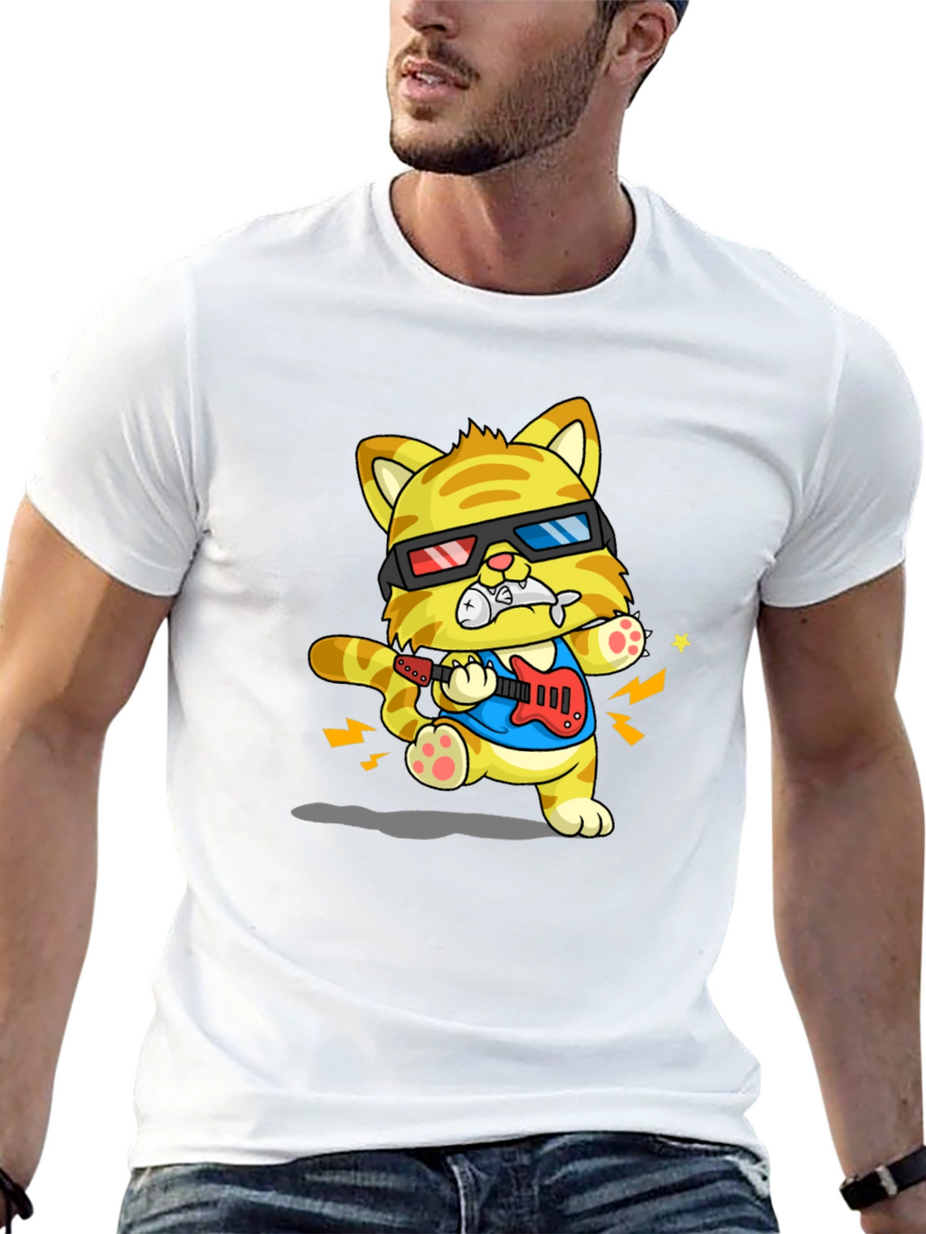 Cool Cat Guitarist Graphic T-Shirt