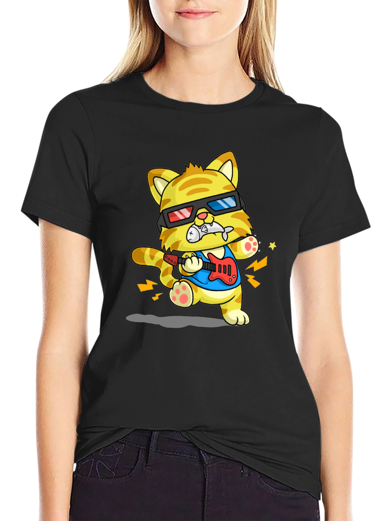 Cool Cat Guitarist Graphic T-Shirt