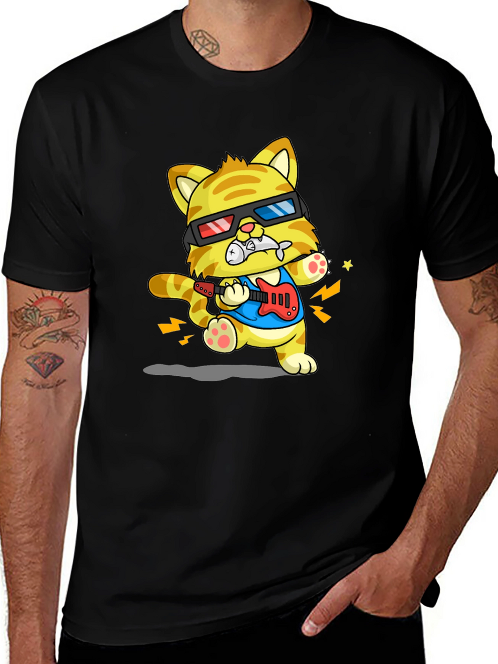 Cool Cat Guitarist Graphic T-Shirt