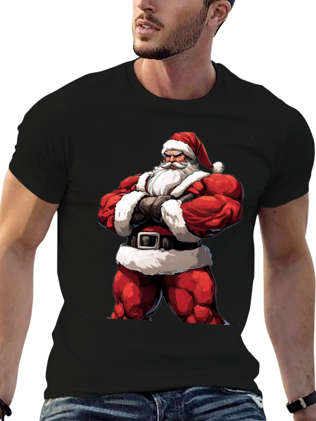 Muscle Santa Black T-Shirt: Holiday Fitness
