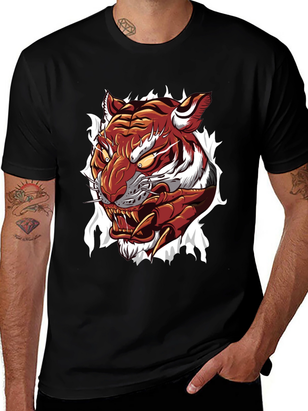 Mens Tiger Graphic Print Crew Neck T-Shirt