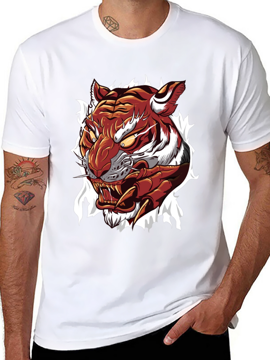 Mens Tiger Graphic Print Crew Neck T-Shirt