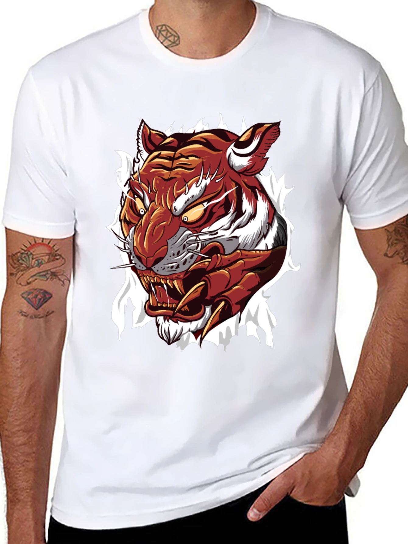 Mens Tiger Graphic Print Crew Neck T-Shirt