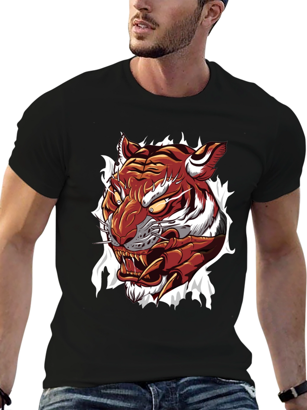 Mens Tiger Graphic Print Crew Neck T-Shirt