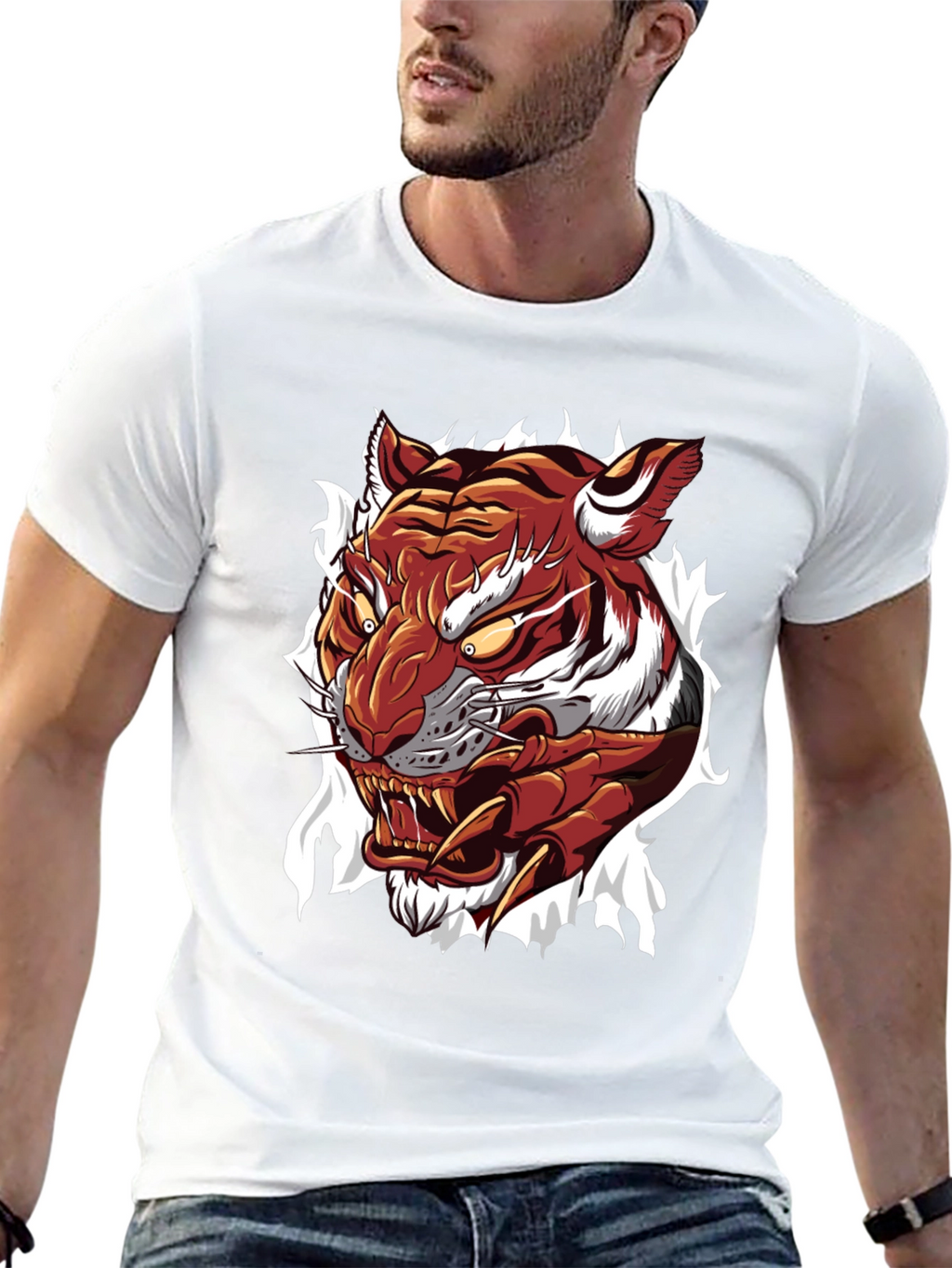 Mens Tiger Graphic Print Crew Neck T-Shirt
