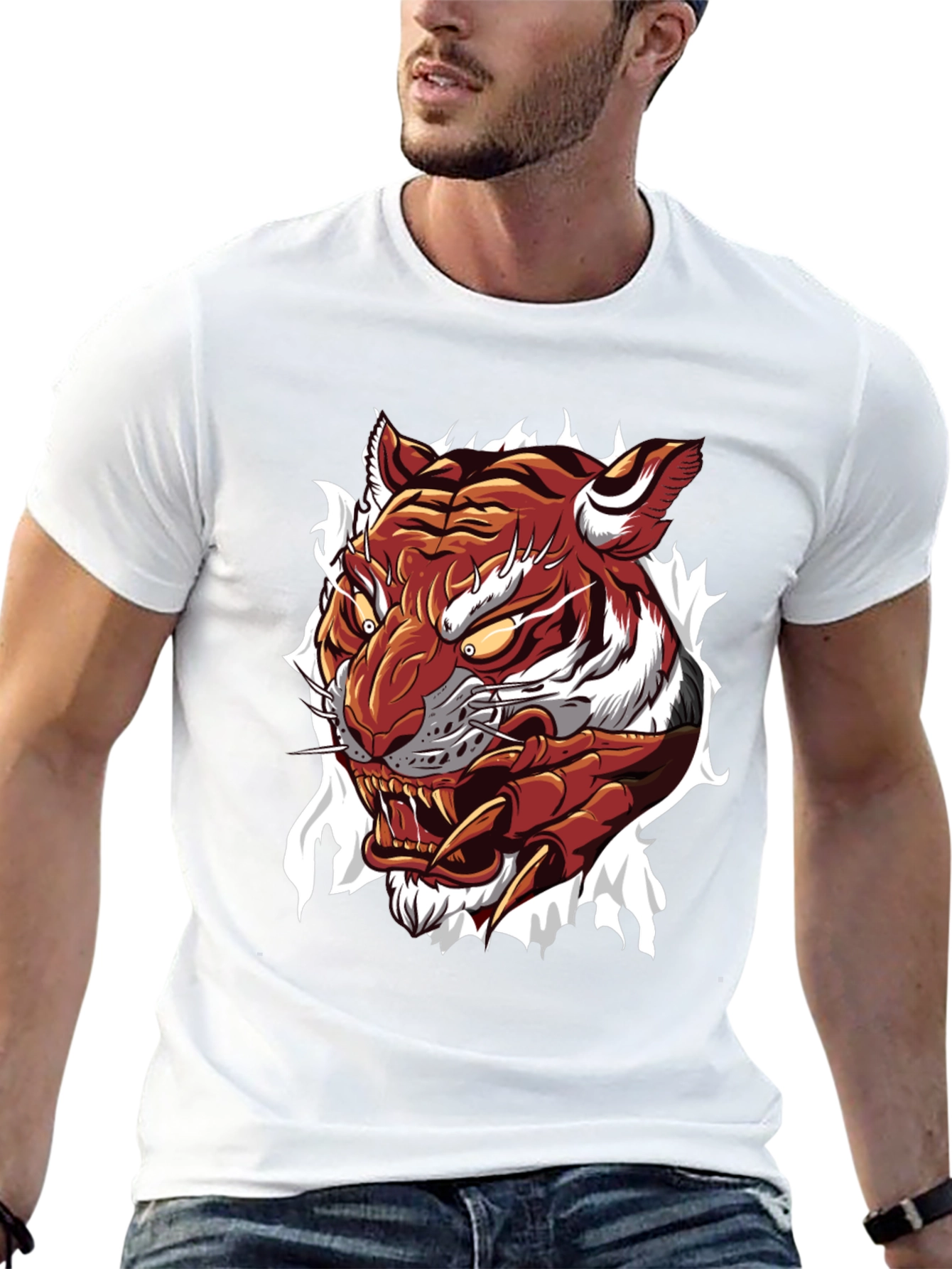 Mens Tiger Graphic Print Crew Neck T-Shirt