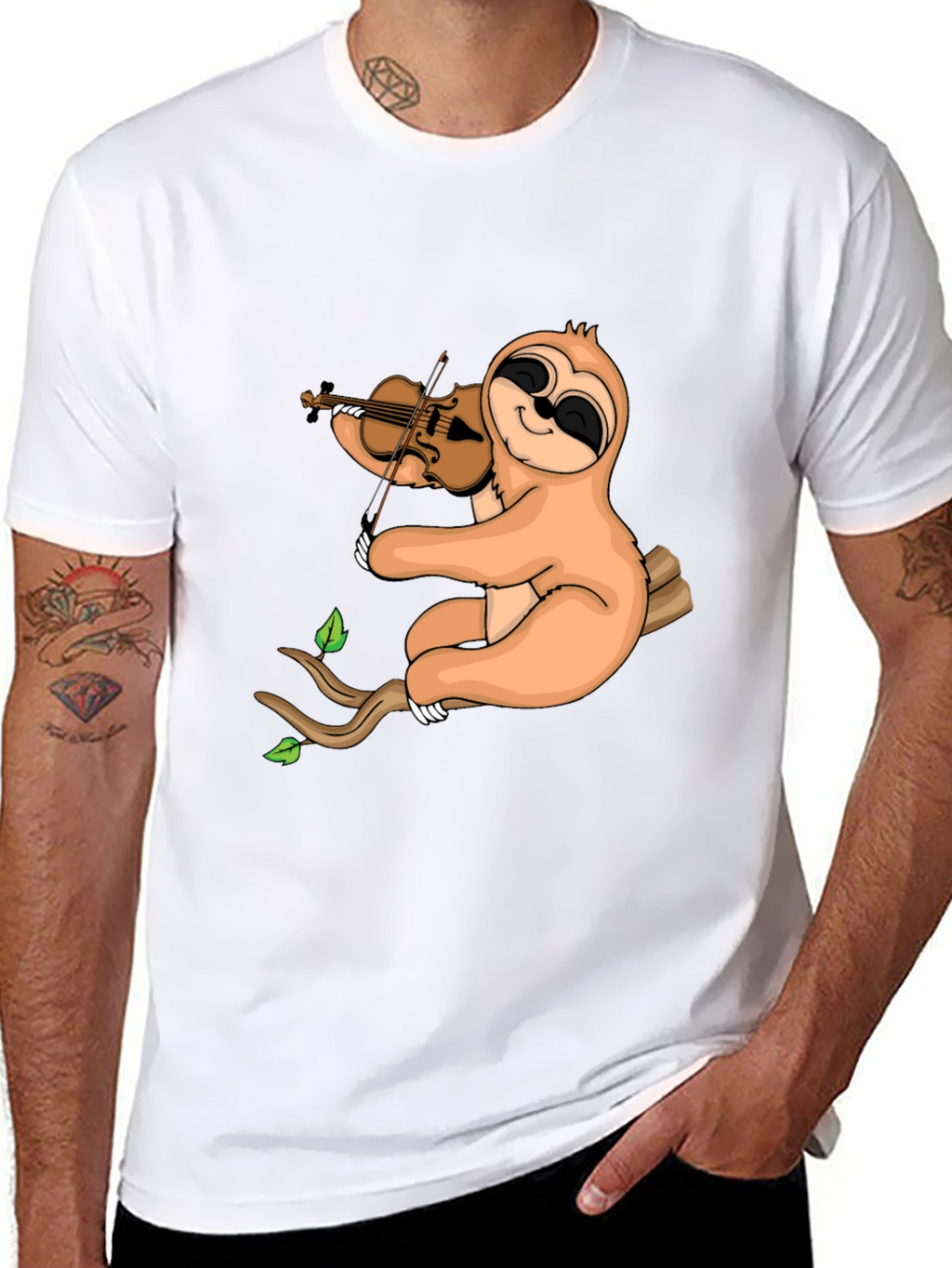 Sloth Violinist Graphic Tee - Black Cotton Blend