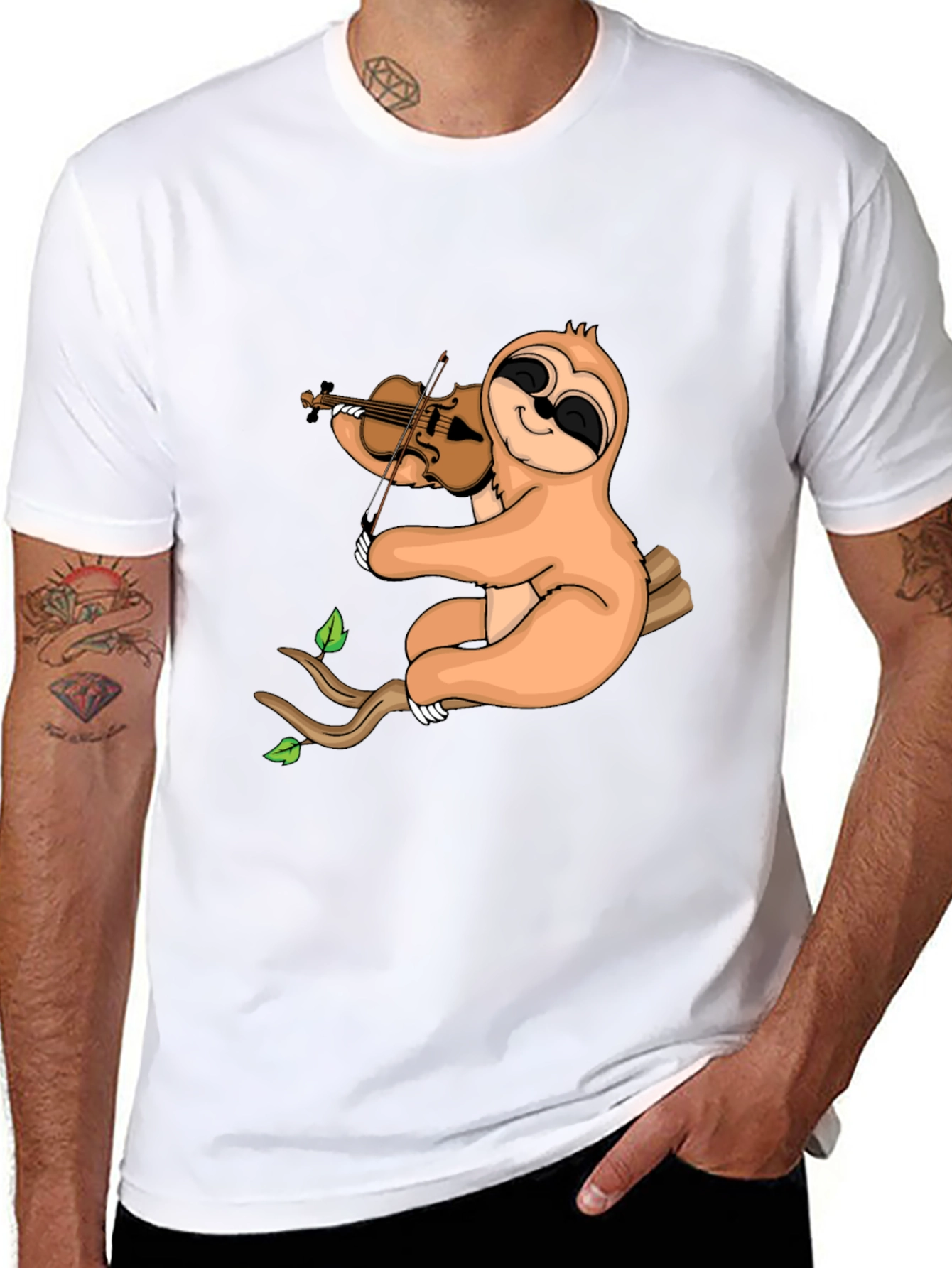 Sloth Violinist Graphic Tee - Black Cotton Blend