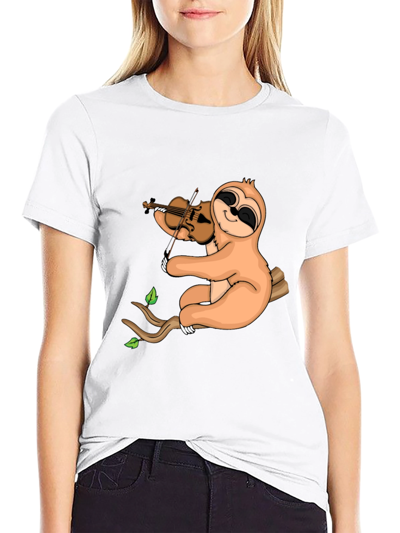 Sloth Violinist Graphic Tee - Black Cotton Blend