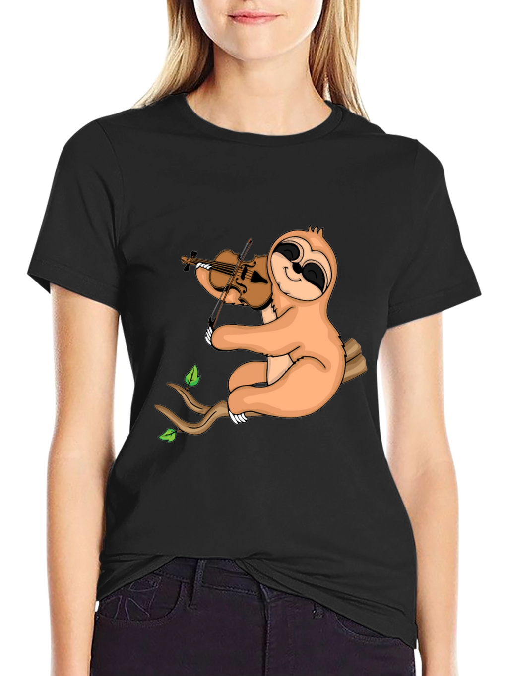 Sloth Violinist Graphic Tee - Black Cotton Blend
