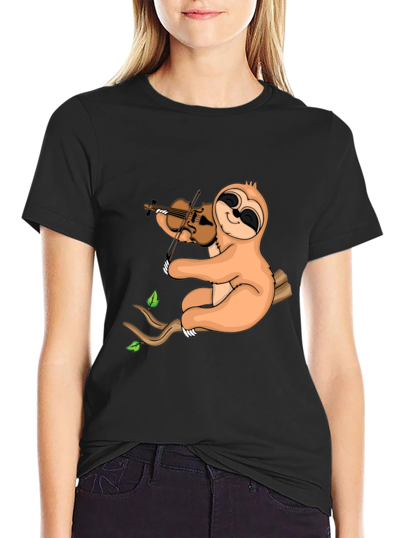 Sloth Violinist Graphic Tee - Black Cotton Blend