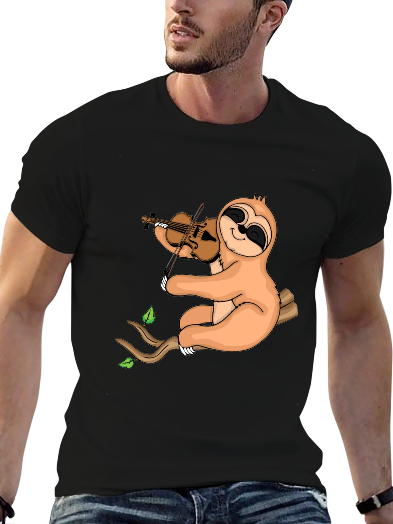 Sloth Violinist Graphic Tee - Black Cotton Blend