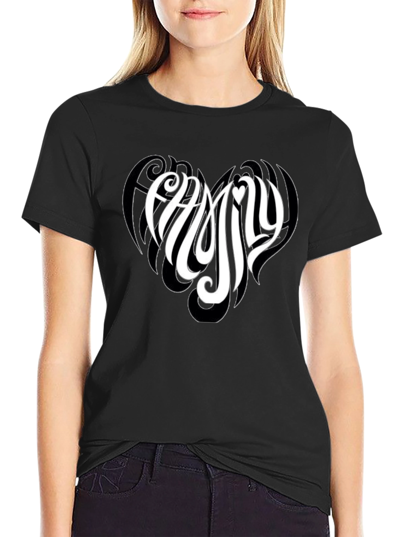 Family Heart Tee - Black Cotton Casual T-Shirt